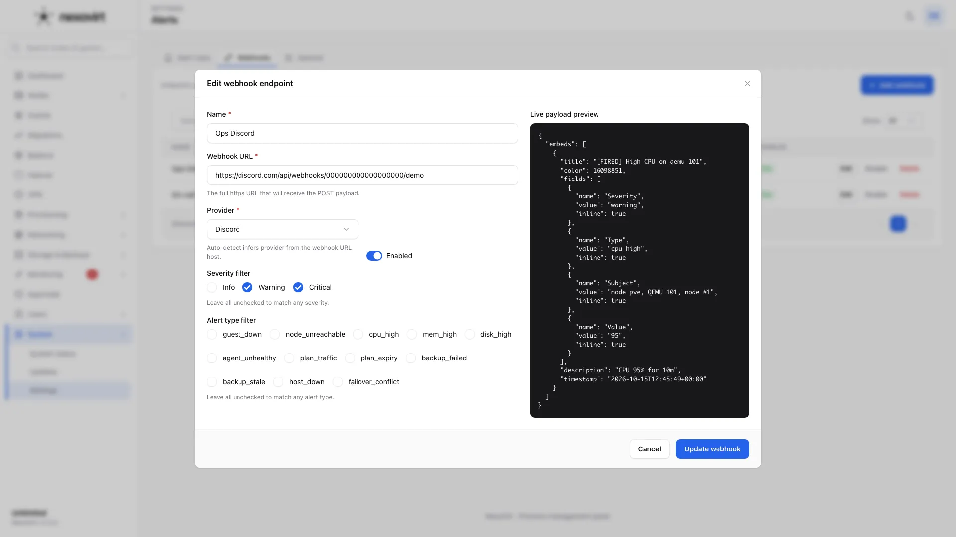 A Discord endpoint with the exact embed it receives.