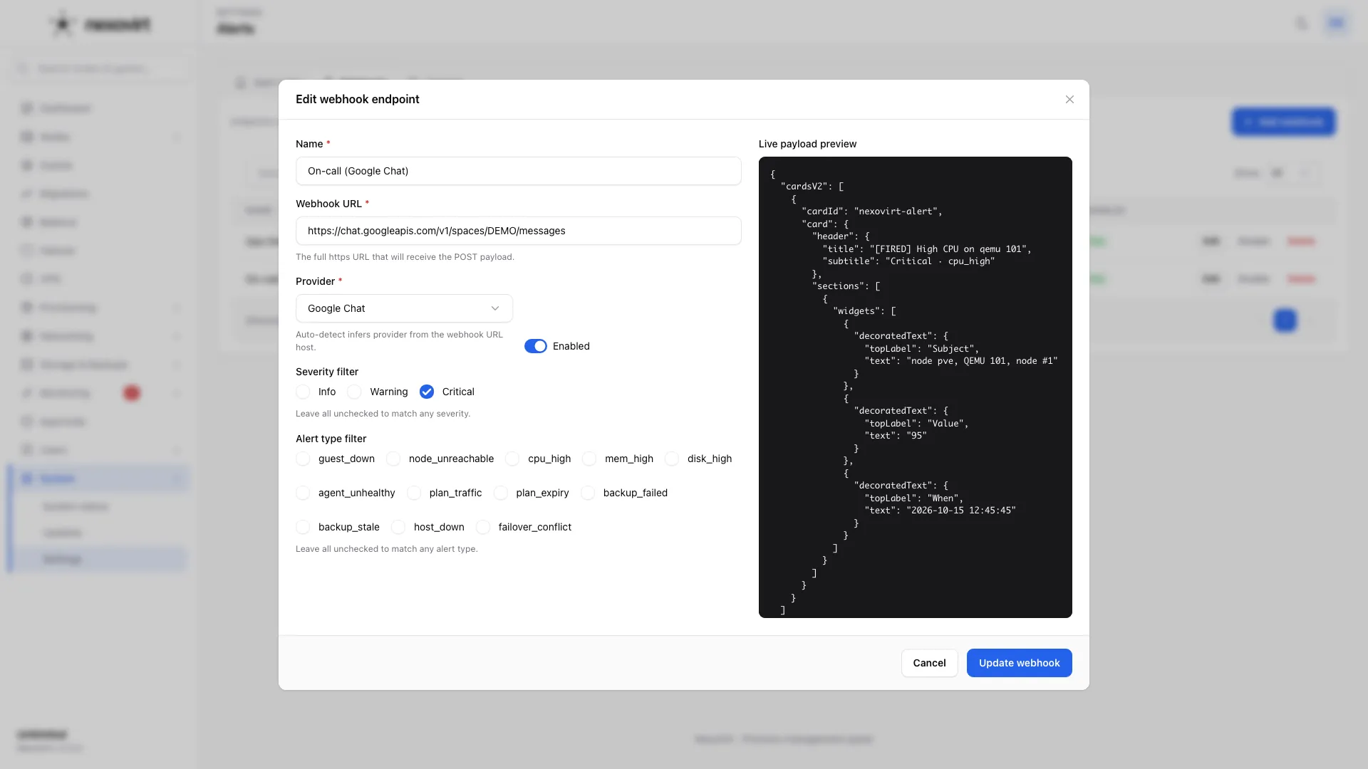A Google Chat endpoint with the exact card it receives.
