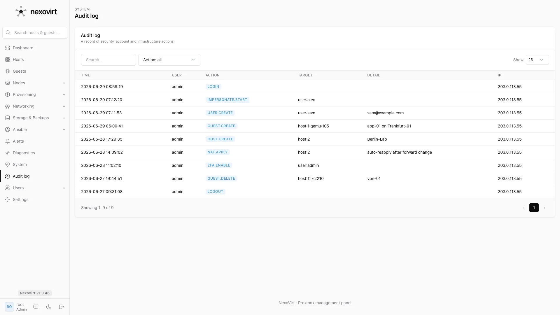 A filterable global audit log.