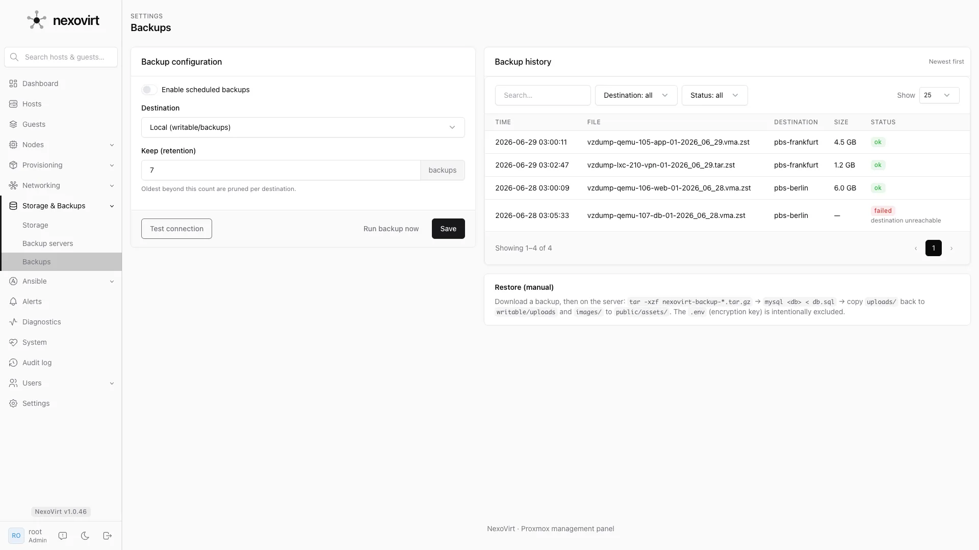 On-demand backups with restore and delete.