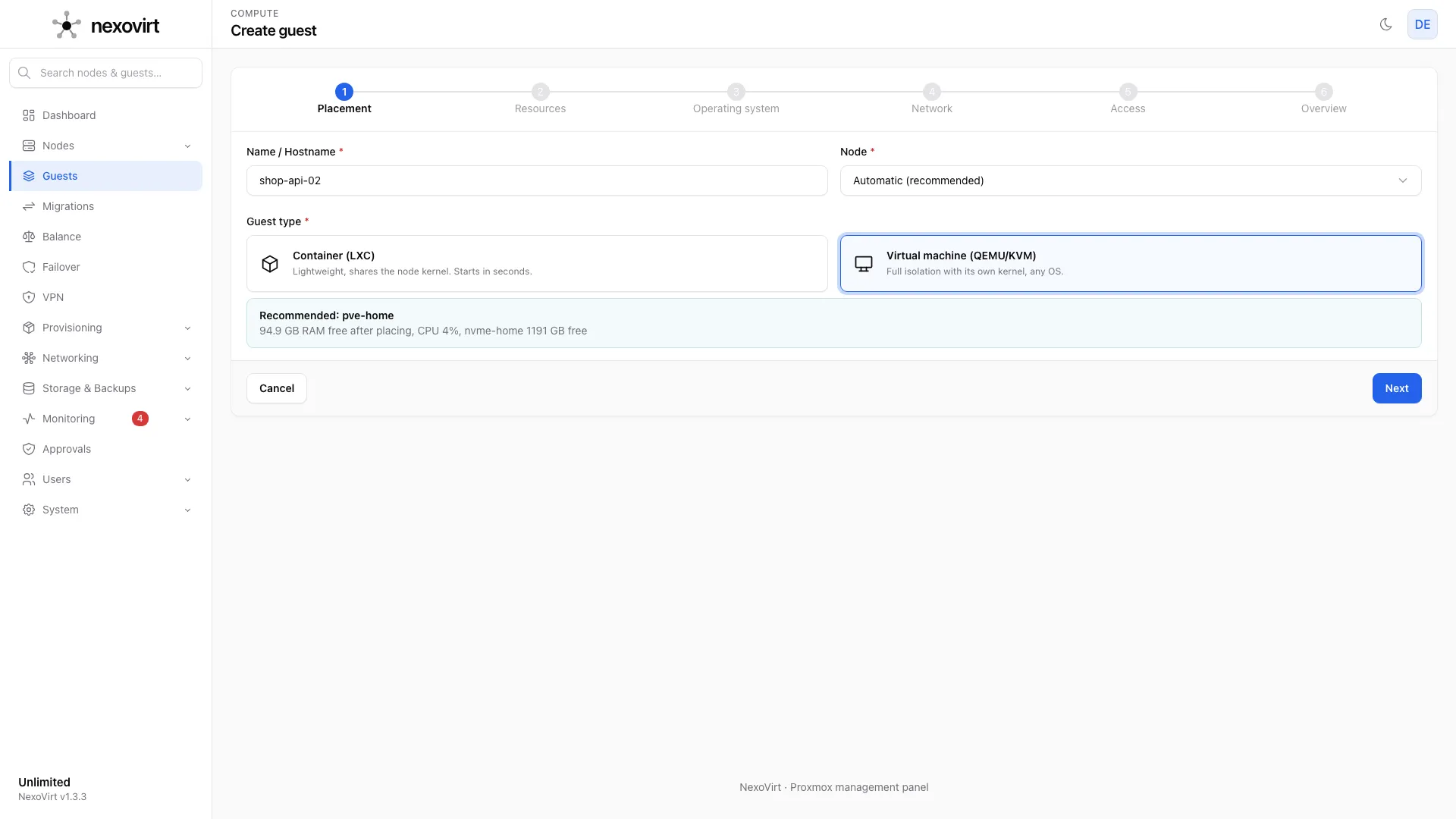 Create a guest: automatic placement picks the node with the most room.