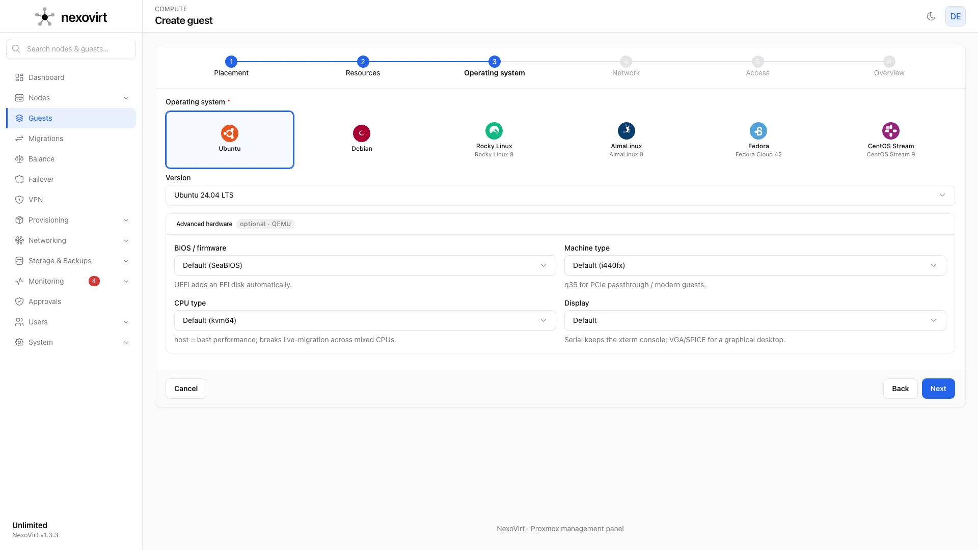 Pick the operating system from your own template library.