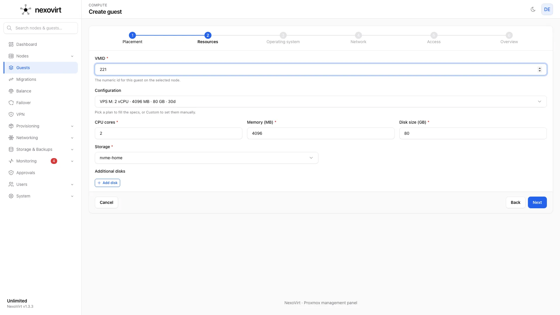 A plan fills cores, memory and disk in one click.