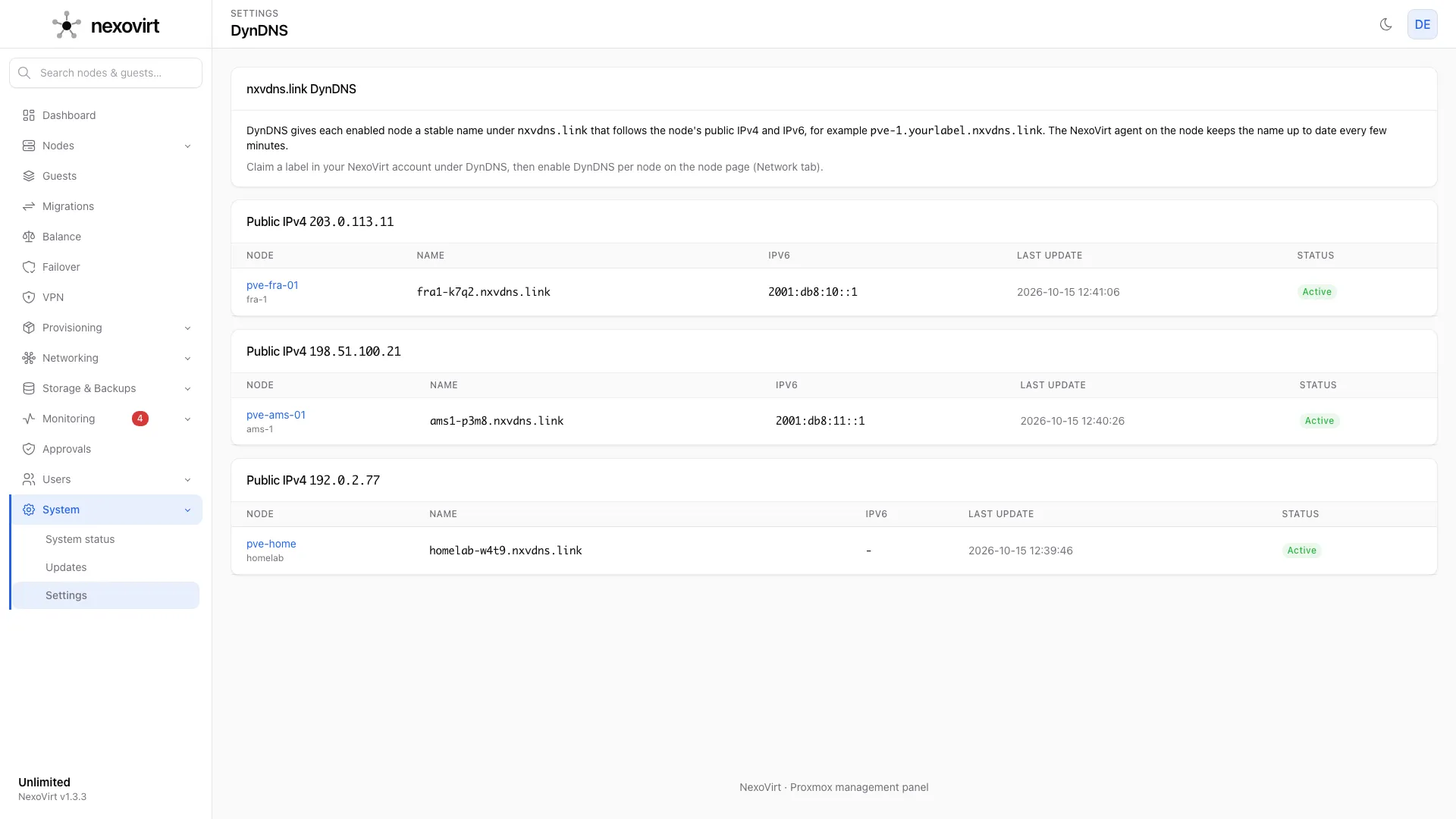 Settings, DynDNS: every node's name grouped by public IPv4.