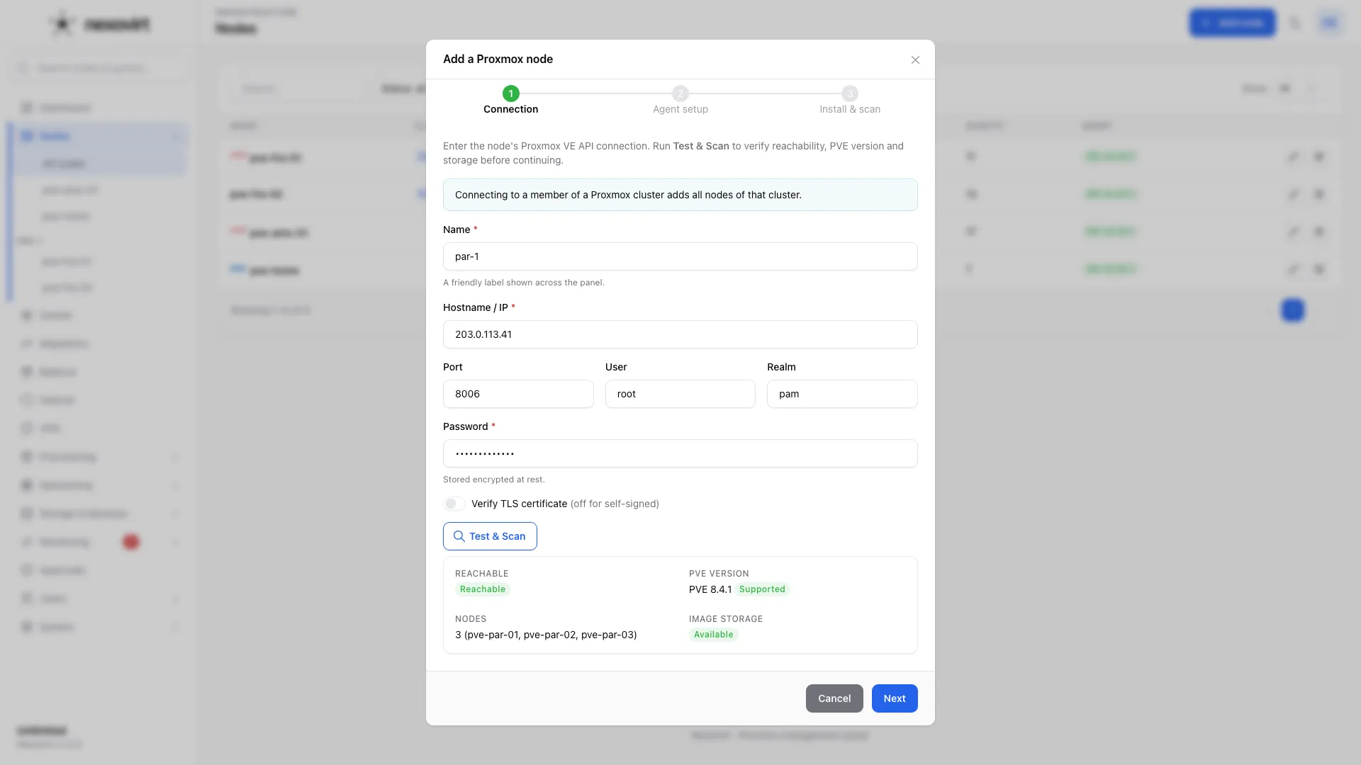 Add a node: Test & Scan checks reachability, the Proxmox version and image storage first.
