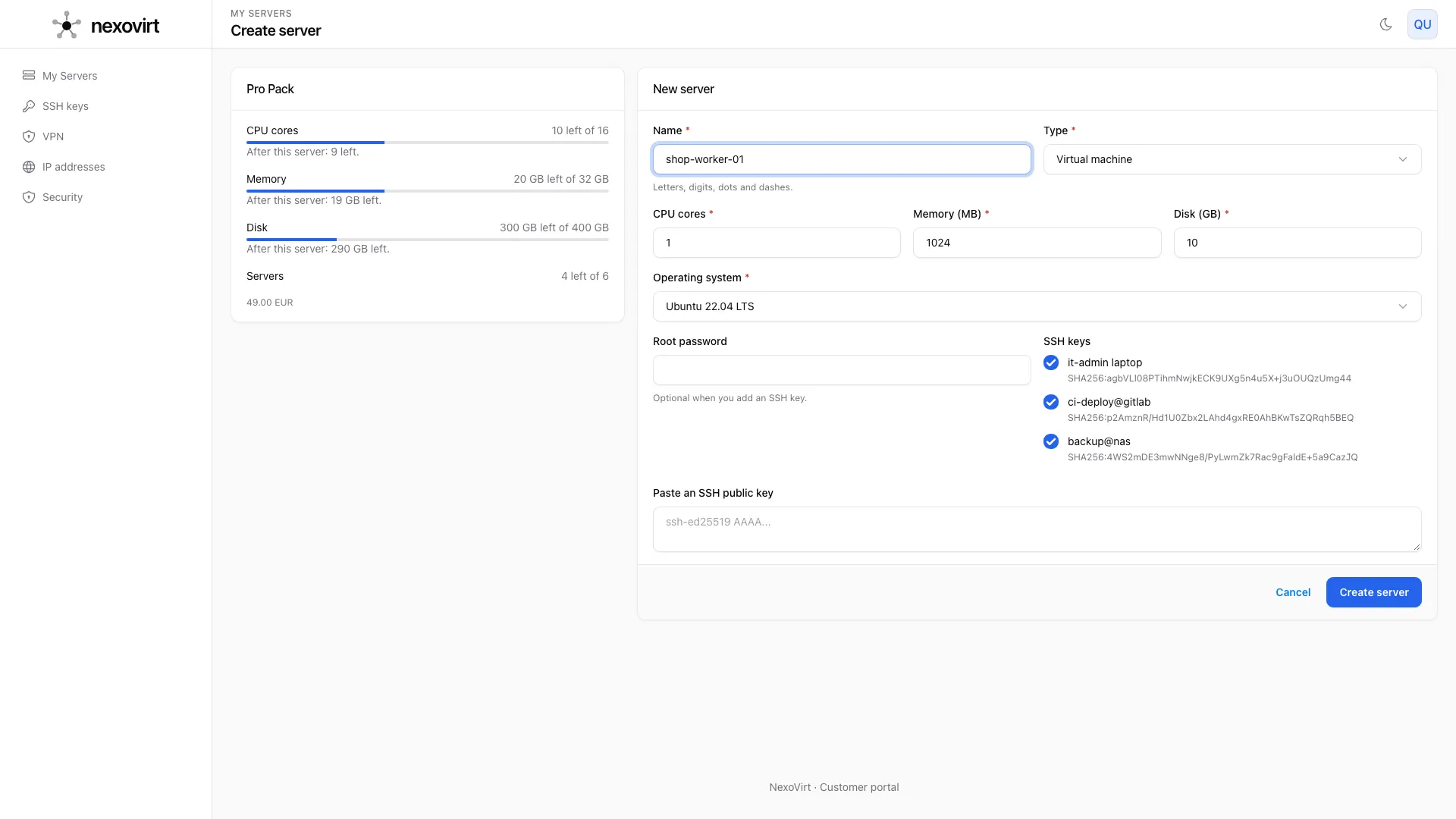 Self-service within a budget in the NexoVirt panel