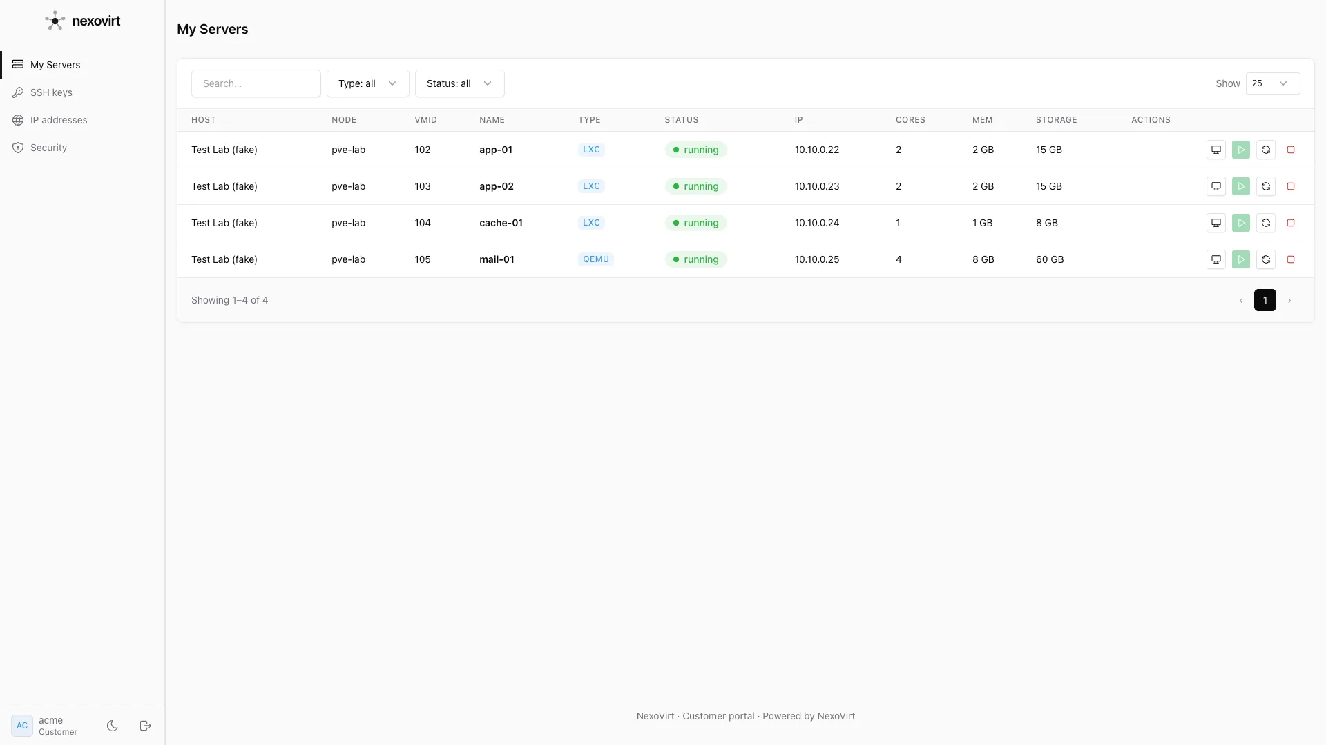 The NexoVirt Proxmox self-service portal where a customer manages their own VMs