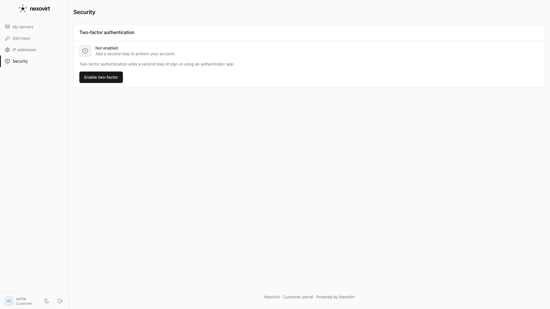 Two-factor auth and SSH-key management in the NexoVirt customer portal