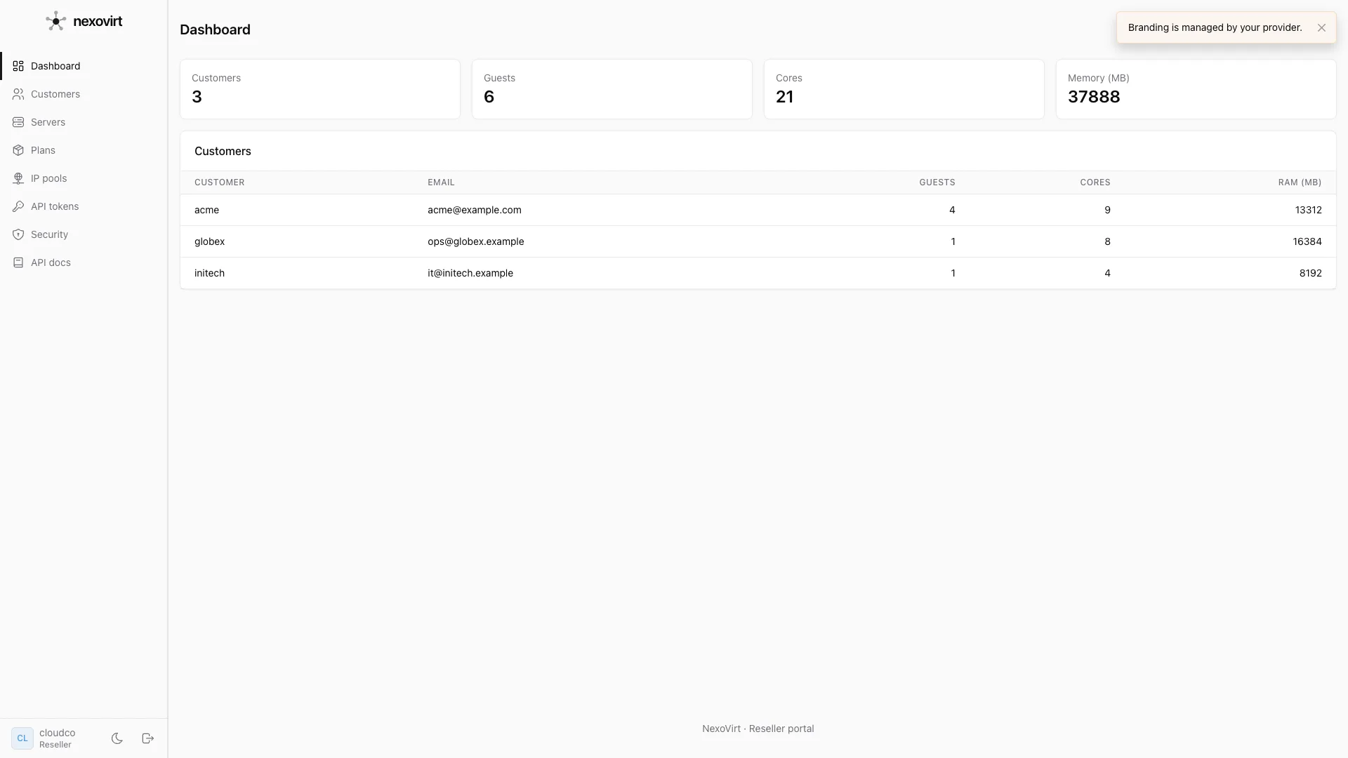Ship the portal under your own brand in the NexoVirt panel