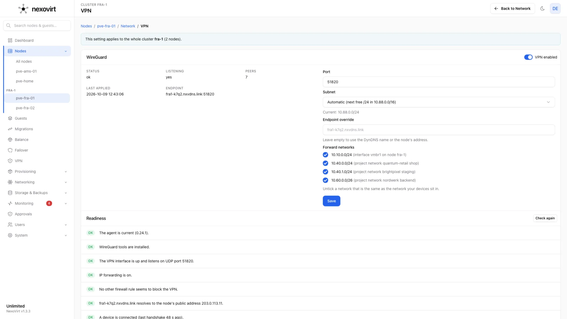 A node's VPN: status, subnet, forwarded networks, readiness checklist and devices.